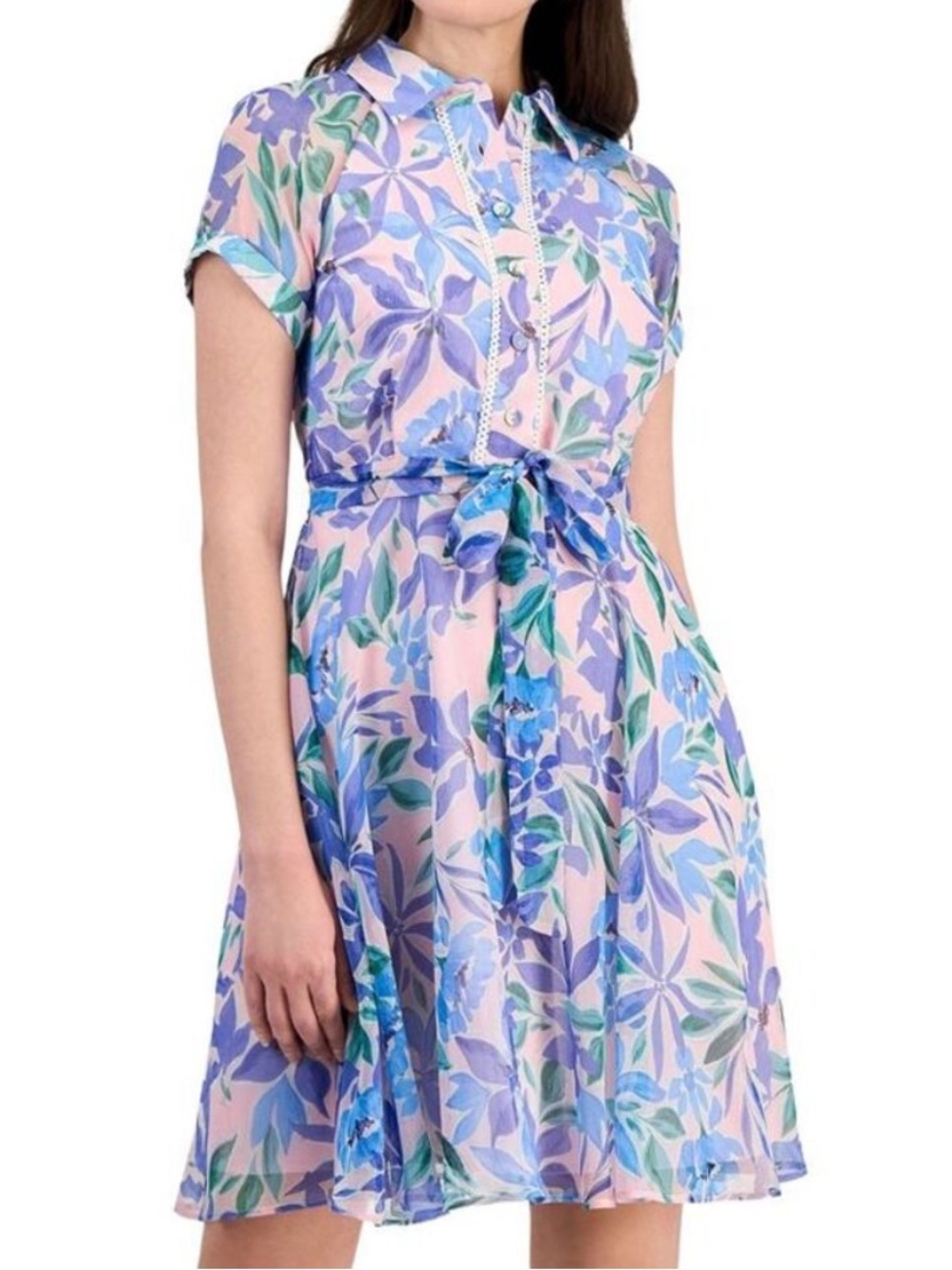 Tahari ASL Pink Floral Button-Up Blouse with Blue and Green Accents